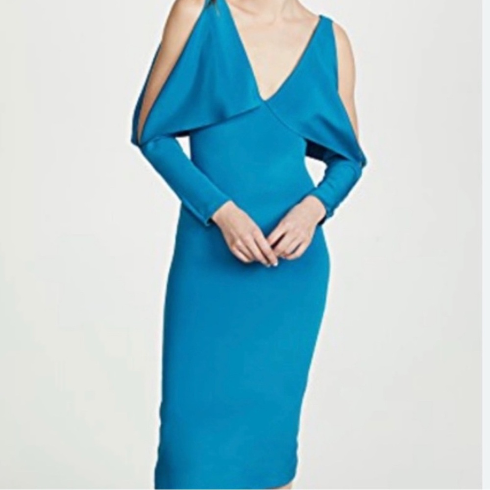 Cushnie Deep V Pencil Dress With Folded Drape in Cerulean 4